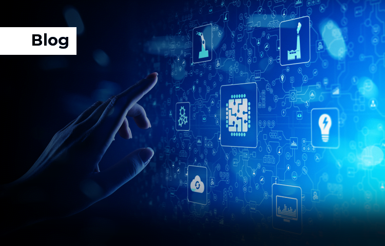 A hand reaching out towards a digital interface with various icons representing technology and electronics, including a microchip, cloud storage, robotic arm, and light bulb.