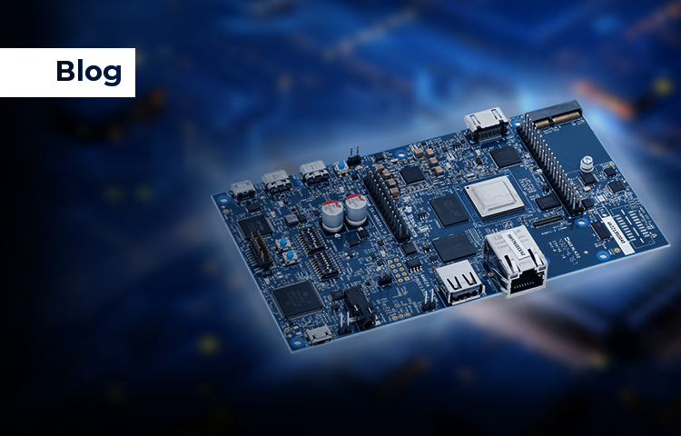 Close-up of a complex blue circuit board with various components and connectors.